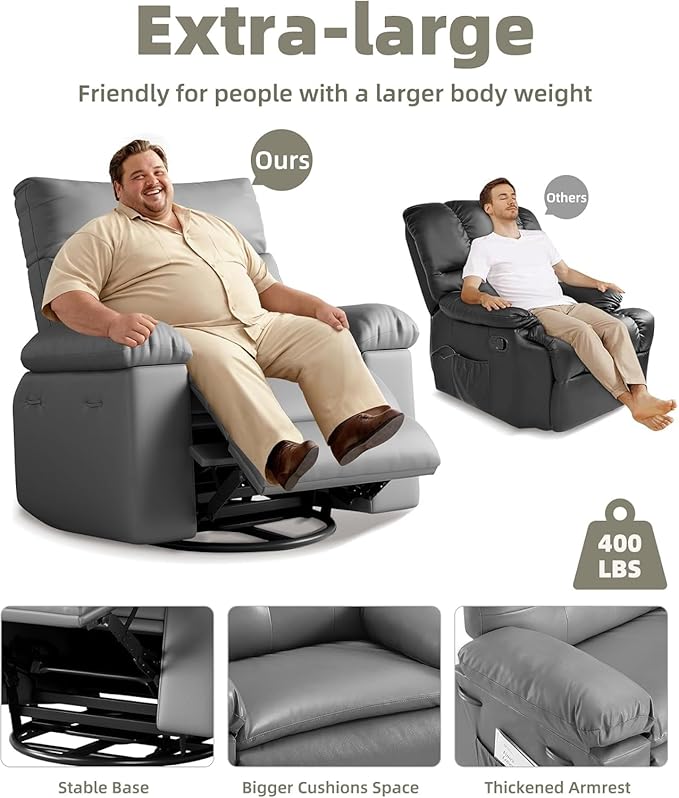Oversized Wide Rocker Swivel Recliner Chair PU Leather Manual Recliner for Adults Large Nursery Glider Chair with Comfortable Arms &amp Back for Living Room BedroomGray