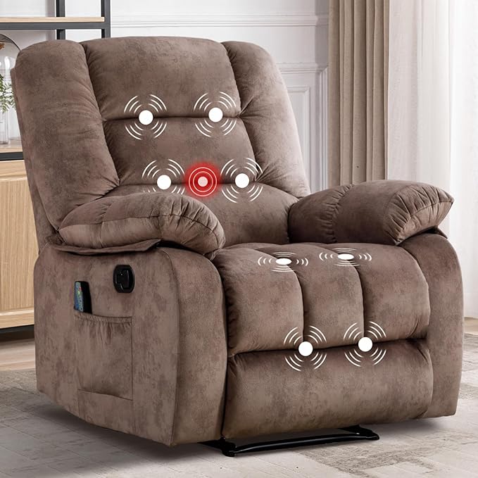 Massage Recliner Chair with Heat and Massage Ergonomic Overstuffed Breathable Fabric Reclining Chairs Single Sofa Chair with Side Pockets for Living Room Home Theater (Caramel)