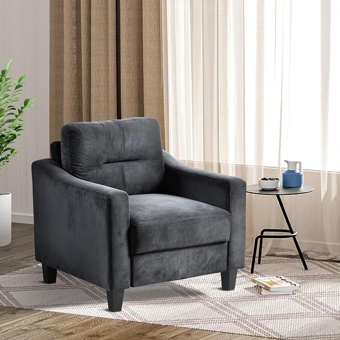 Velvet Upholstered Single Sofa ChairMordern Armchair with Wooden Legs for Living RoomBedroom and Office Black