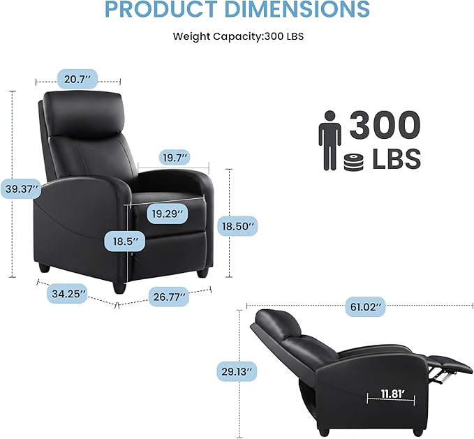 Simple Deluxe Recliner Chair - Adjustable Push Back PU Leather Recliner Plush Reading Chair &amp Luxe Sofa Chair for Living Room Chairs or Bedroom Chair Single Recliner for Home Theater