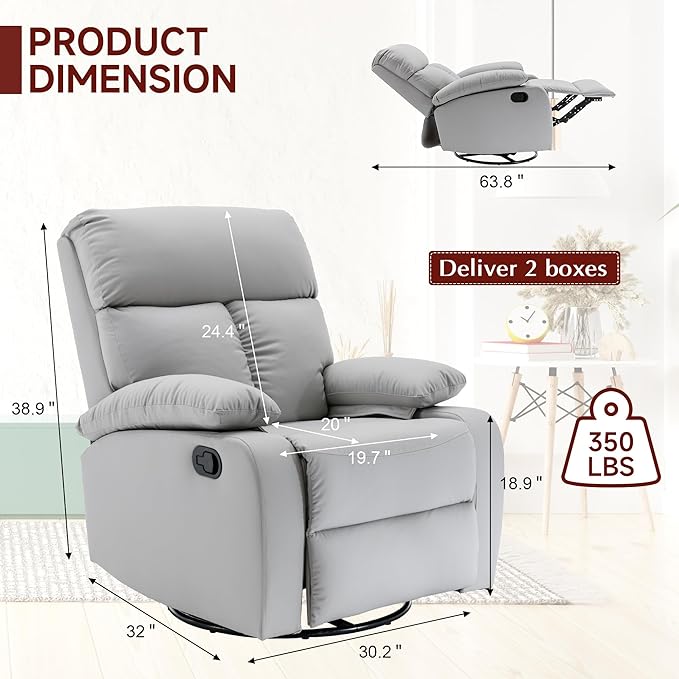 Swivel Rocker Recliner Small Recliners for Small Spaces with Overstuffed Arms and Back Manual Swivel Chairs for Living Room Nursery Bedroom Light Gray