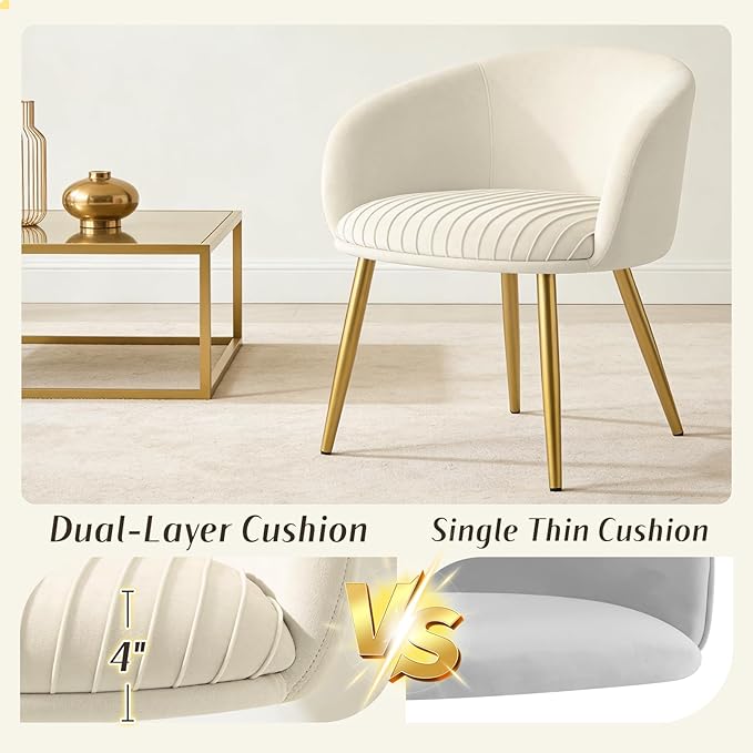 Accent Velvet Makeup Vanity Chair Boucle Modern Tufted Girls Desk Chair No Wheels with Gold Metal Legs 20 Extra Wide Cushion Armchair for Bedroom Bathroom Dining Room Living Room Cream Beige