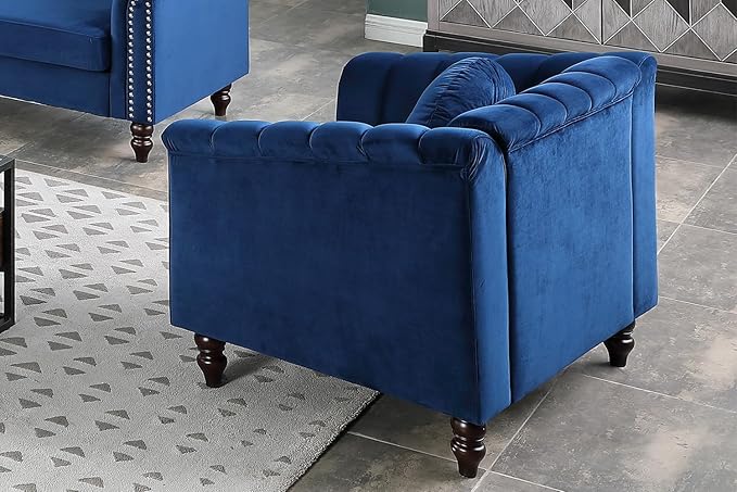 Chesterfield Chair Couch 40 Inch Luxurious Velvet Single Chair Chesterfield Settee Sofa Upholstered Rolled Arm with Rivets/Button Tufted Pillow Modern Sofa for Living RoomBlue