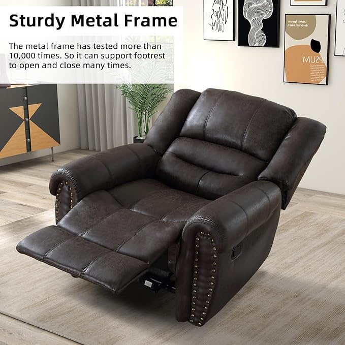 INZOY Leather Recliner Chair Heavy Duty Manual Reclining Sofa Single Lounge Sofa for Living Room Home Theater Seating Dark Grey