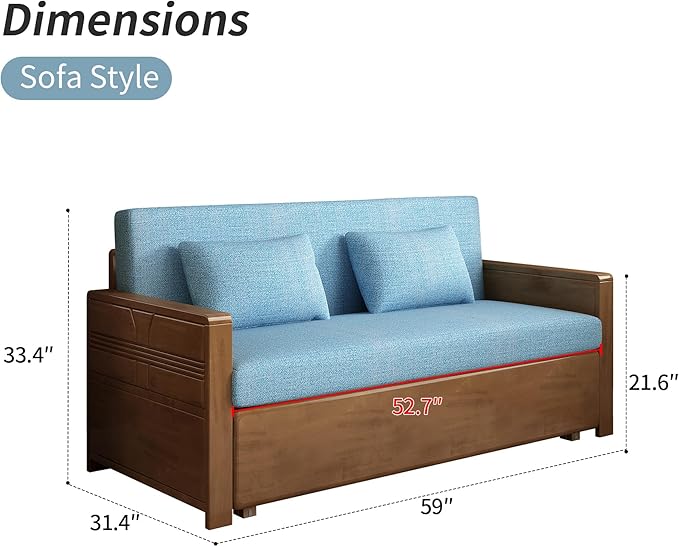 59 Convertible Sofa SleeperBlue Soft Cushion sectional Sleeper Couch with Reversible Chaisesolidwood Bed 3 in 1 Pull Out CouchWalnut Color Sofa for livingroomApartmentBedroomOffice
