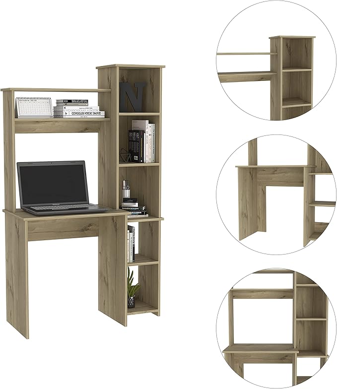 Home Office Desk Writintg Desk Two Superior Shelves Five Cubbies -Light OakBeige