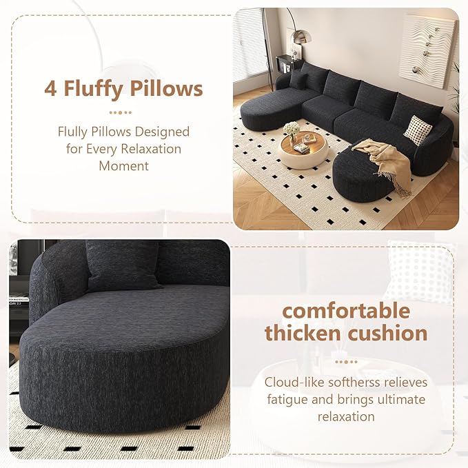 138.6 U Shaped Modern Modular Sectional Curved Back Sofa with Ottoman Minimalist Style Comfy Cloud Couch for Living Room Apartment No Assembly Required Boneless Couches (BlackLeft Facing Chaise)