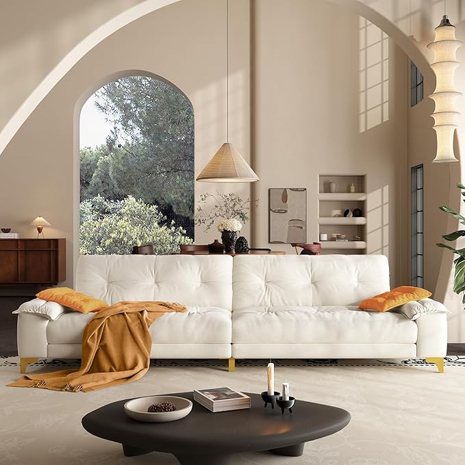 104.7 sectional Couch mid-Century Modern 4-Seater Comfy Cloud Couch for Living Room Office Button Tufted upholstered Metal Legs Sofa Sturdy loveseat (Beige 104.7 Inch)