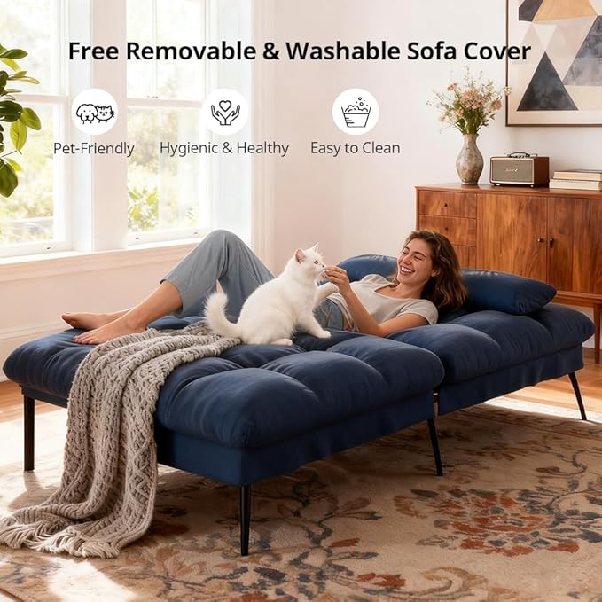 COMHOMA Convertible Sofa Bed72″Fabric Couch with Adjustable BackrestLoveseat Recliner Sleeper Living Room Furniture futon Set (Blue)