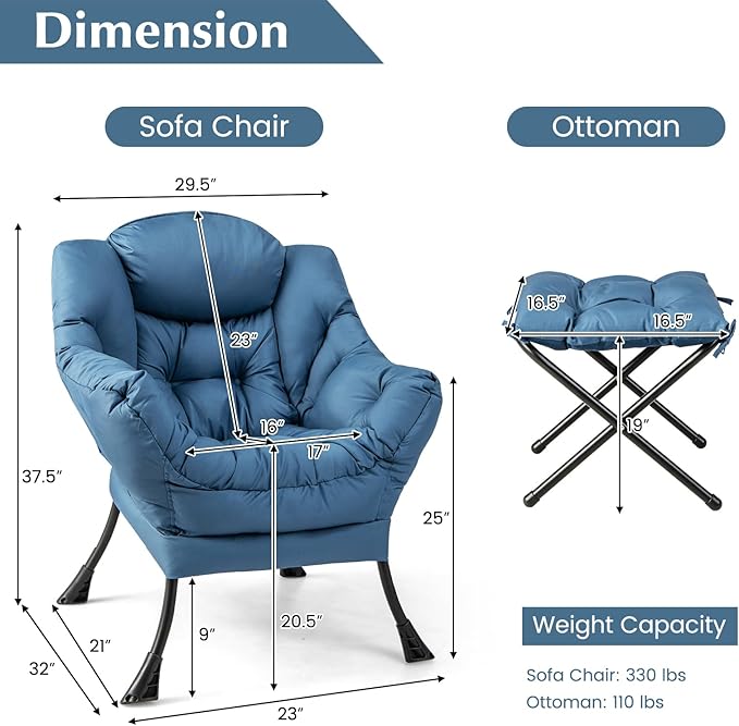 GOFLAME Lazy Chair with Ottoman Modern Large Accent Chair with Folding Footrest Head Pillow Armrests and Side Storage Pocket Upholstered Reading Chair for Living Room Bedroom Office Navy