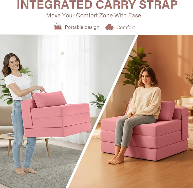 Tiita Folding Sofa Bed Chair 4-Fold Convertible Sleeper Chair with Lumbar Pillow Washable Cover &amp Side Pocket Floor Couch Bed with Raised Seat Single Size for Small Spaces Pink
