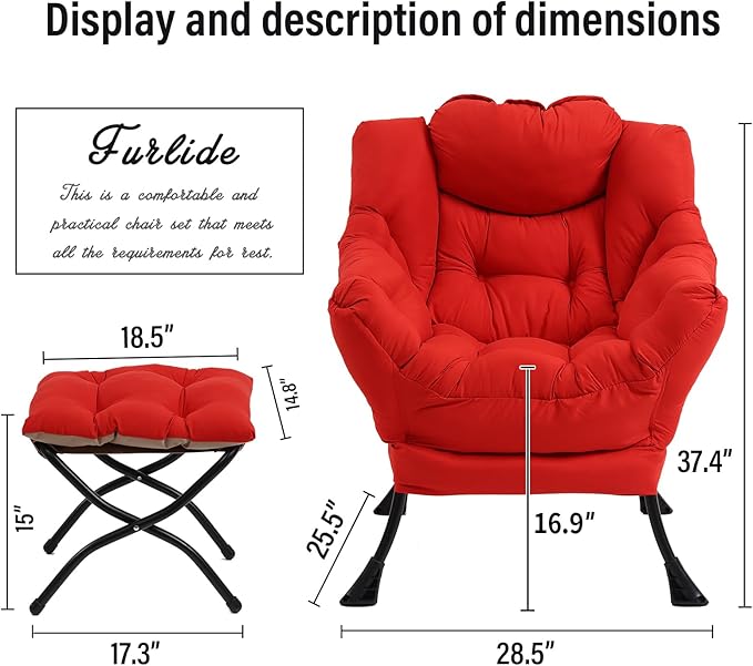 Lazy Chair with Ottoman Modern Accent Chair with Armrests and a Side Pocket Red Accent Chairs Comfortable Reading Chairs Oversized Armchairs for Bedroom Study Living Room Courtyard