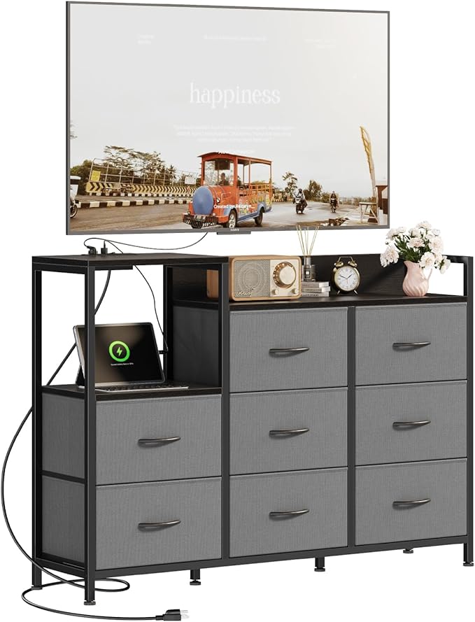 DUMOS TV Stand Dresser with 8 Fabric Drawers &amp Open Shelves TV Stand for Up to 45 inch TV with Wooden Top Entertainment Center with Charging Station for Living Room Hallway Grey