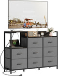 DUMOS TV Stand Dresser with 8 Fabric Drawers &amp Open Shelves TV Stand for Up to 45 inch TV with Wooden Top Entertainment Center with Charging Station for Living Room Hallway Grey