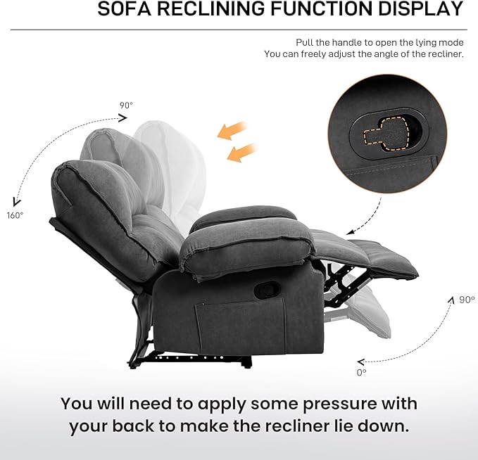 Oversized Recliner Chair for Adult Plus Size 49.21 Extra Wide Seat Manual Fleece Recliner with Pockets Ergonomic Massage Heated for Living Room Bedroom Home Threater Office Lounge (Grey)