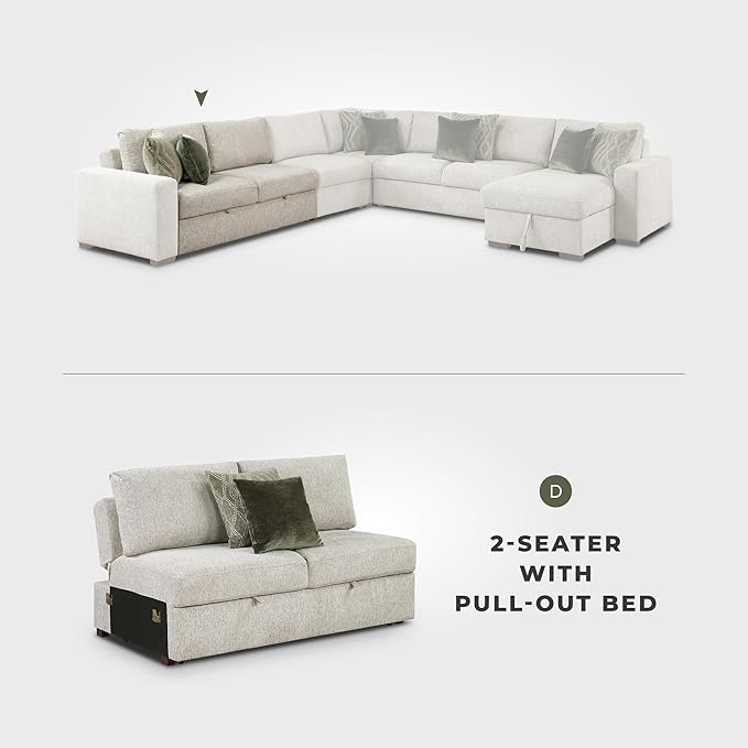 Lexicon Modular Sectional Sofa Module for Sectional Couch Armless Convertible 2 Seater with Pull-Out Bed Adjustable Backrests Removable Back Cushion Cover 2 Pillows Microfiber Sand