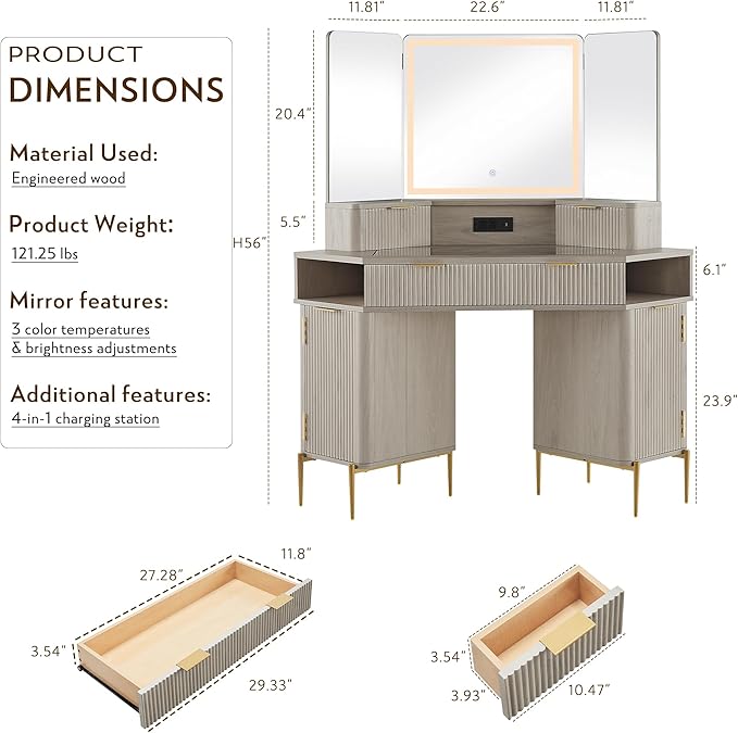 T4TREAM 48 Fluted Makeup Vanity Desk with HD Triple Mirror and Lights Large Lighted Corner Vanity with Glass Top Modern Dressing Table with 3 Drawers &amp 2 Cabinets for Bedroom White Alder