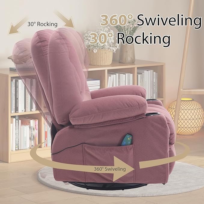 Rocker Recliner Chairs for Adults Swivel Recliners with Massage and Heat Fabric Overstuffed Glider with Cup Holder Rocking Nursery Chair Manual Reclining Single Sofa for Living RoomPink