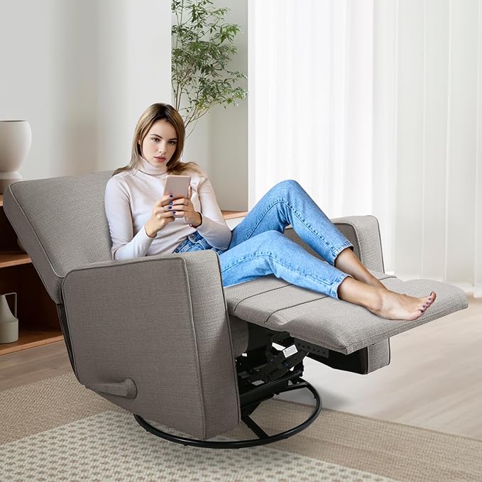 Swivel Rocker Recliner Chair for Adults High Back Fabric Recliner with Deep Seat Manual Glider for Living Room &amp Nursery Grey