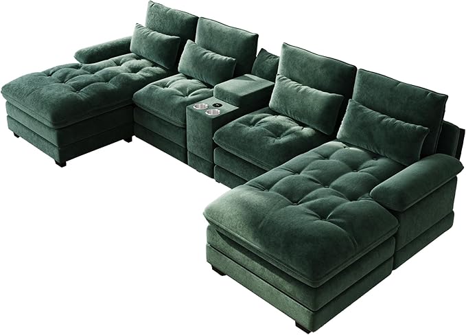OUYESSIR 134 Oversized Green Sectional Couches for Living RoomFluffy Couch with Chaise Lounge&ampTufted Buttons U Shaped Living Room Sofa Set FurnitureChenille 6 Seater Couch with Storage Console