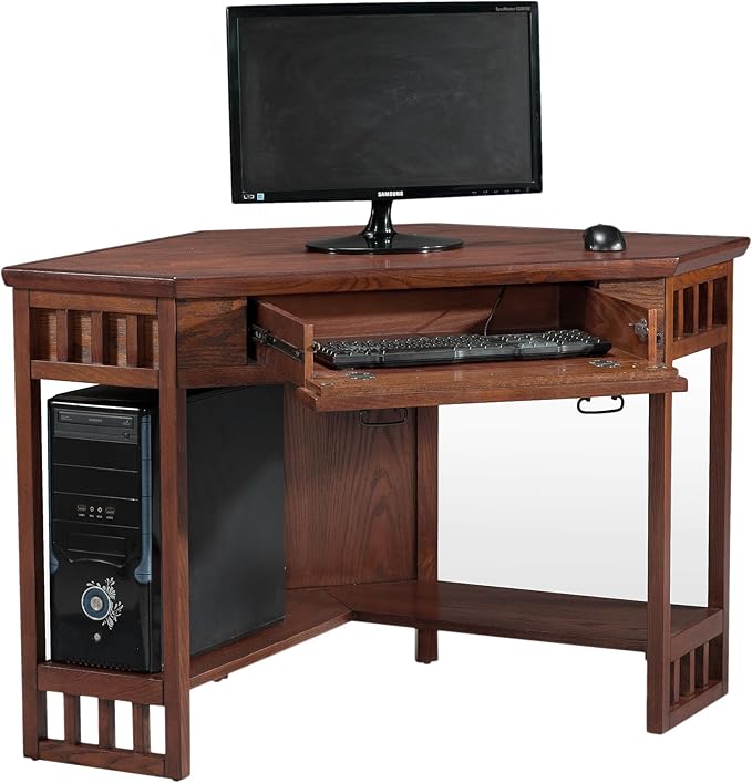 Leick Home 82430 Mission Corner Desk Writing Computer Desk with Drop Front Keyboard Drawer for Home Office Solid Wood Mission Oak