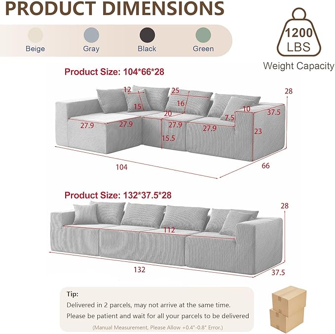 104” Modular Sectional Sofa Cloud Sectional Couch with Deep Seat Modern Modular L-Shape Sofa Couch with Chaise Upholstered Couches Sleeper Sofa Bed for Living Room Bedroom (Corduroy Black)