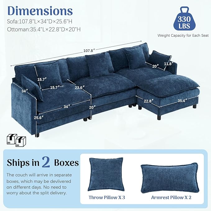 Redlife 108” L-Shaped 3-Seat Modular Sectional Sofa with Ottoman Chenille Upholstered Couch with Spring-Embedded 30D Foam Cushions Removable Covers Easy Assembly Corner Sofa for Living Room Blue