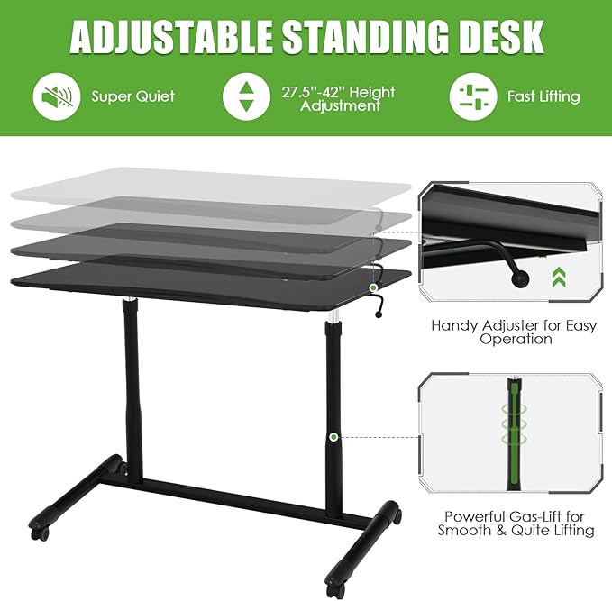 Tangkula Mobile Standing Desk Computer Desk Height Adjustable Stand Up Table with 4 Wheels Rolling Compact Standing Desk with Steel Frame MDF PVC Tabletop Ideal for Home Office (Black)