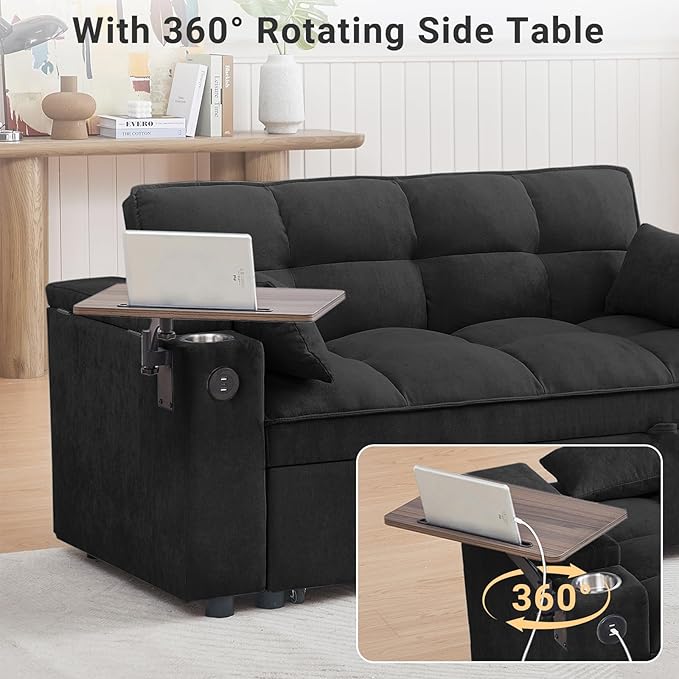 3 in 1 Sofa Bed 65 Inches Convertible Loveseat Sleeper with Side Table Pull Out Couch with 3 Level Adjustable Backrest Chaise Lounge with USB and Type-C Ports for Living Room Jet Black
