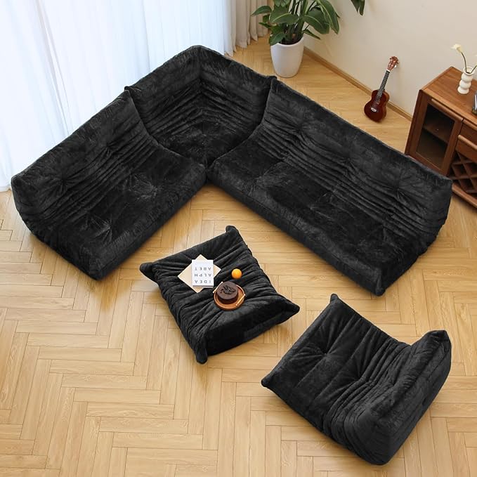 N&ampV Fireside Chair Mid Century Armless Floor Sofa Soft Premium Chenille Floor Lounge Chair Foam Sofa Accent Chair for Living Room Bedroom and Office (Black Corner Chair)