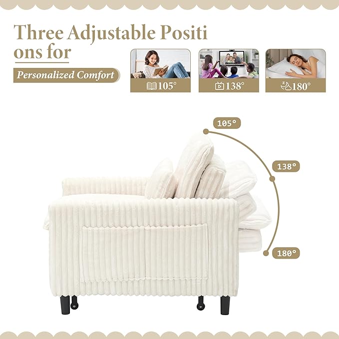 TTK 3-in-1 Convertible Corduroy Sleeper Chair – Plush Pull-Out Sofa Bed with Adjustable Backrest Compact Recliner Lounge Chair with 360° Rotating Side Table Perfect for Small Spaces Beige