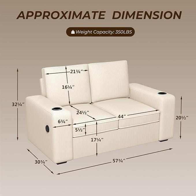 Furnimart 58 Wide Plush Loveseat 2-Seater Sofa with Dual-Port USB Charger &amp Cup Holders Corduroy Fabric Modern Accent Couch for Small Spaces Apartment Living Room(Corduroy-Beige)
