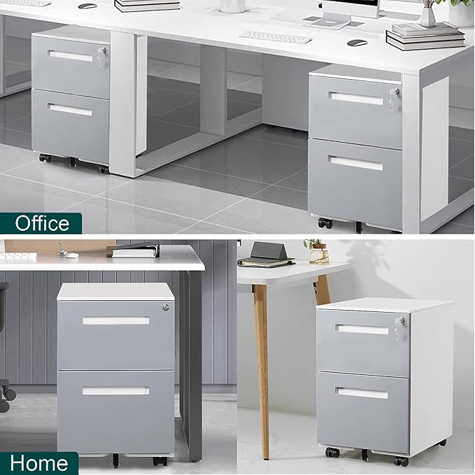 2 Drawer Mobile File Cabinet with Lock &amp Wheel Under Desk Rolling Vertical Filing Cabinet Anti-Tipping Design Metal Storage Cabinet for Legal Letter A4 (Gray)