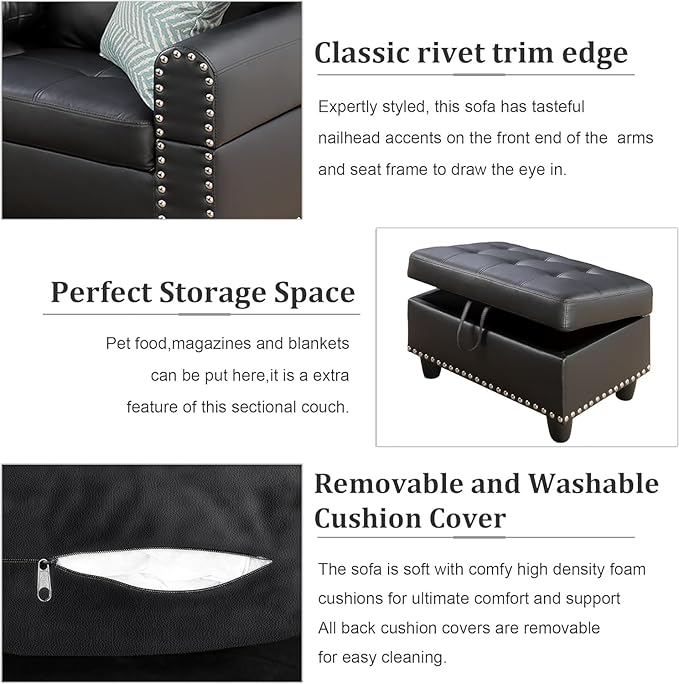 Sophisticated Simplicity Sectional Sofa with Ottoman Living Room Set Left Facing Chaise 2 Cup Holders 2 Throw Pillows Tufted Back and Seat - 99.5 D x 67 W x 32 H Black