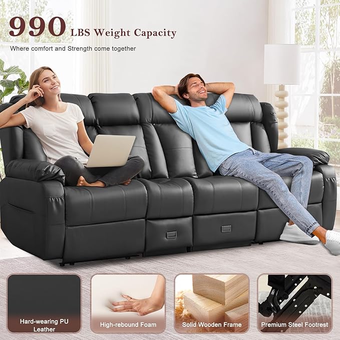 90.6 Manual Reclining Loveseat Sofa - Wall Hugger 3 Seat Loveseat Recliner with Console Fold-Down Table and Built-in Outlets Recliner Couch for Living Room RVs Home Theater Seating