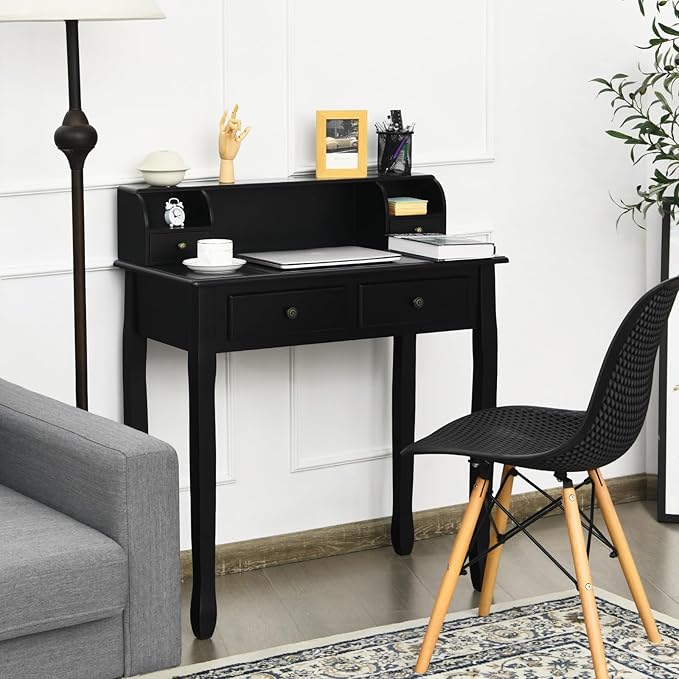 Byroce Small Writing Desk with Removable Hutch 2-Tier Vanity Table with 4 Drawers 3 Cubbies &amp Pine Wood Legs Study Computer Desk for Bedroom Home Office (Black)