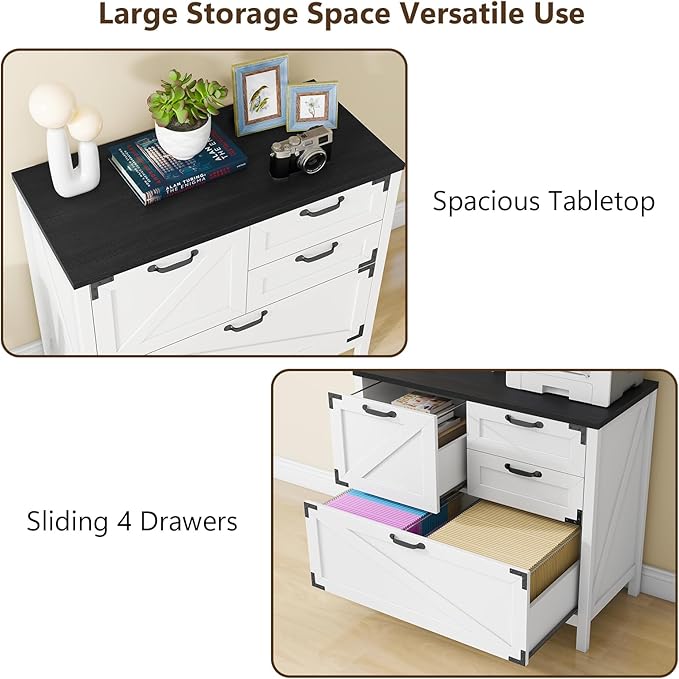 Lateral File Cabinet with 4 Drawers Farmhouse File Cabinet for Letter/Legal/A4 Size Hanging Files Large Wood File Storage Cabinets Printer Stand for Home Office Cabinet White and Black