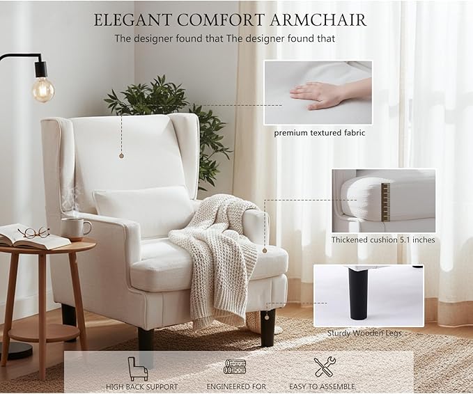 Accent Chairs Set of 2 for Living Room Chairs Modern Accent Chair Oversized Reading Chair for Living Room Sofa Chair with High Back and Wood Legs Upholstered Armchair Comfy Chair for Bedroom (Beige)