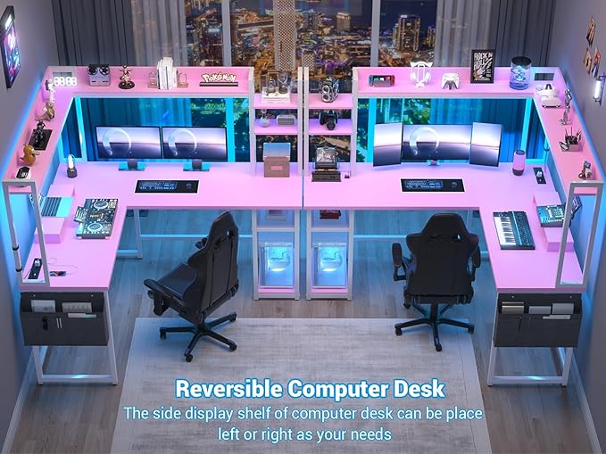 Aheaplus L Shaped Desk with Power Outlet L Shaped Gaming Desk with Led Light &amp Hutch Reversible Home Office Desk Corner Computer Desk with Monitor Stand &amp Storage Shelves Pink