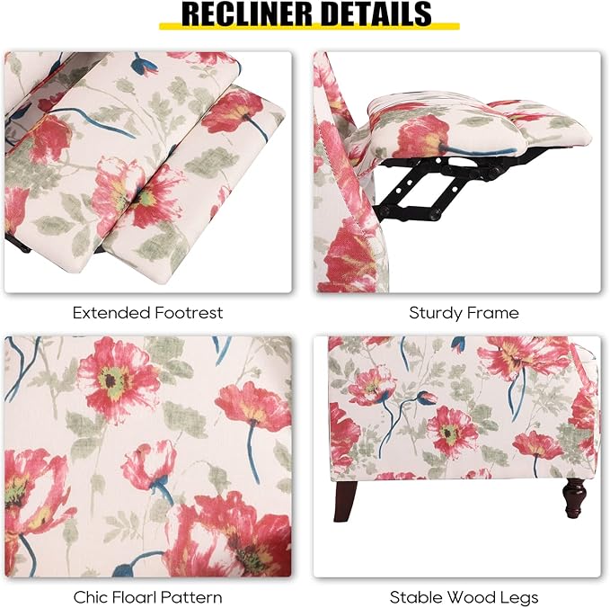 Upholstered Wingback Recliner Chair Traditional Push Back Recliner Chair with Padded Seat Fabric Floral Chair Wingback Recliner with Wooden Legs Small Recliners for Small Spaces