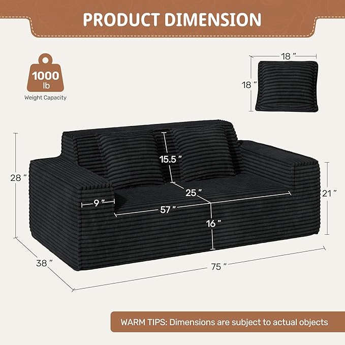 75'' Cloud Loveseat Sofa No Assembly Required Comfy Deep Seat Couches 1 pcs for Living Room Bedroom Apartment