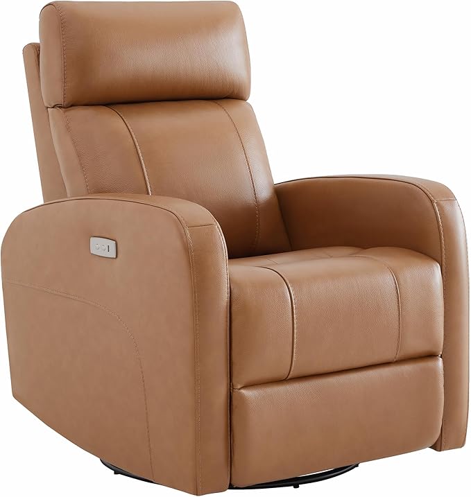 CHITA Genuine Leather Power Recliner Chair for Adults FSC Certified Electric Nursery Swivel Glider for Living Room Camel Brown