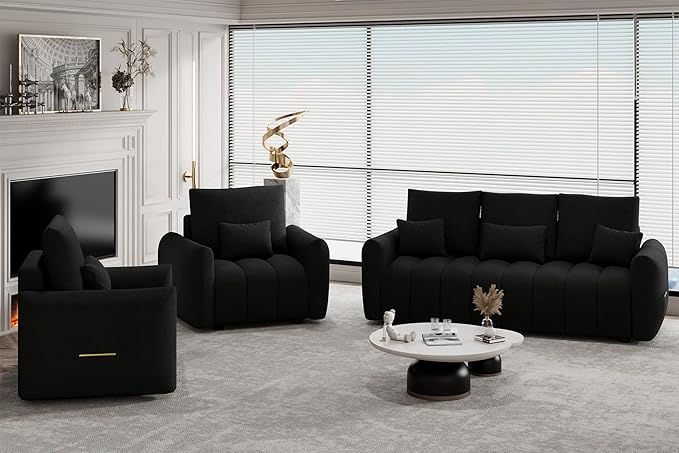 3 Piece Cloud Couch Sofa for Living Room Modern Sofa Chair and 3-Seater Teddy Sectional Couches with Pillows and Back Cushions Comfy Deep Seat Oversized Sofa for Bedroom Apartment Black