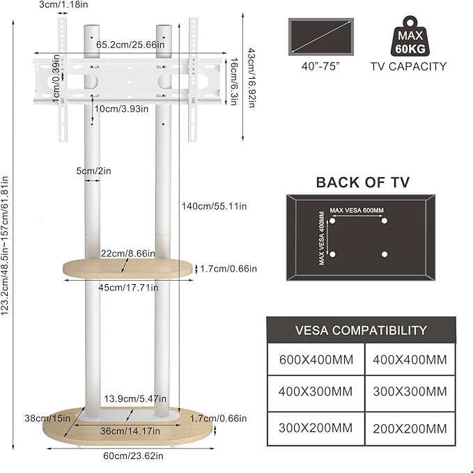 unho Rolling TV Stand with Mount av Carts for Living Room Bedroom 40-75 inch TVs