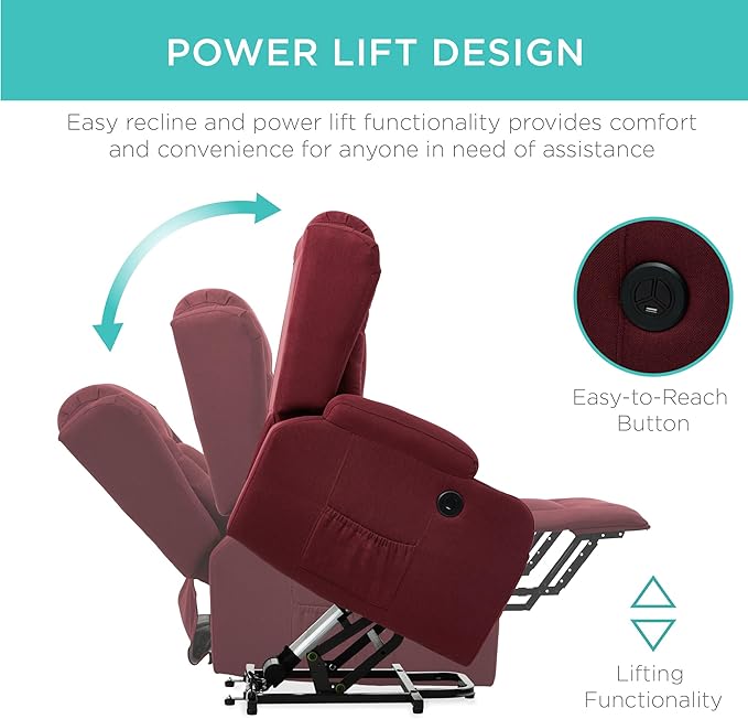 Best Choice Products Modern Linen Electric Power Lift Chair Recliner Massage Chair Adjustable Furniture for Back Legs w/ 3 Positions USB Port Heat Cupholders Easy-to-Reach Button - Burgundy