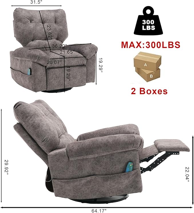 Rocker Recliner Chair for Adults Soft Lazy Boy Recliner Chair with Heat&amp Adjustable Backrest Footrest Oversized Massage Recliner Chair with Swivel and Side Pocket for Living Room Bedroom (Grey)