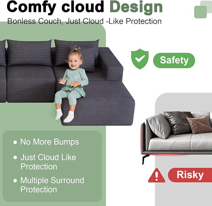 Oversized Cloud Modular Sofa – Deep Seat Corduroy Couch with Pillows No Assembly Convertible &amp Customizable Design Soft All-Foam Comfort for Living Room &amp Bedroom (Gray Loveseat)
