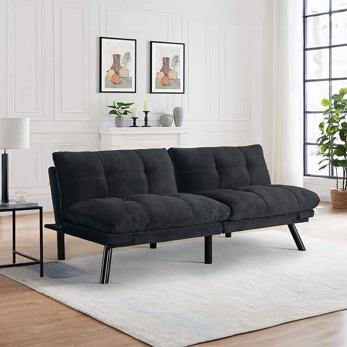 Convertible Velvet Futon Sofa Bed Comfy 72 L Sleeper Couch with Thicker Cushion Upholstered Modern Reclining Loveseat Folding Sofa for Small Living Room Dorm Apartment Office Deep Black