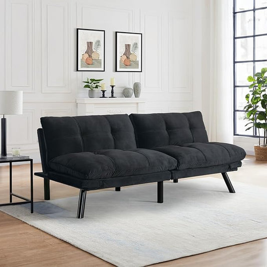 Convertible Velvet Futon Sofa Bed Comfy 72 L Sleeper Couch with Thicker Cushion Upholstered Modern Reclining Loveseat Folding Sofa for Small Living Room Dorm Apartment Office Deep Black