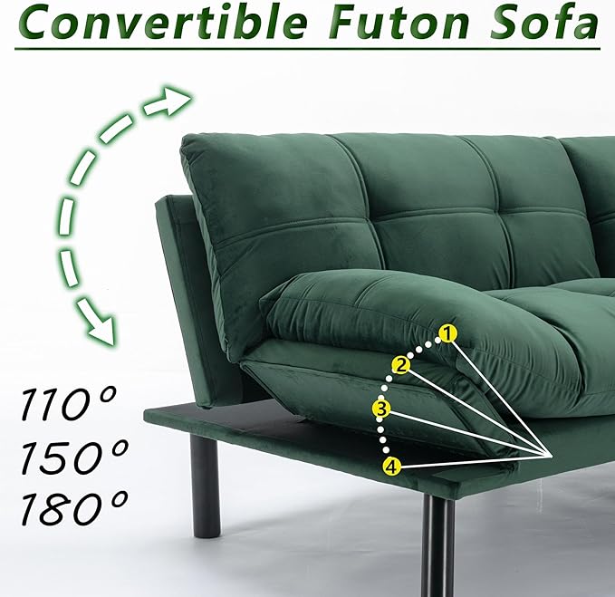71 Velvet Futon Couch Bed with Mattress IncludedConvertible Folding Sleeper Sofa Bed with Adjustable BackrestsModern Loveseat Sleeper for Living Room Bedroom Small Space Home Office (Green)